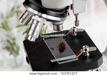 analysis of soil samples under microscope in laboratory