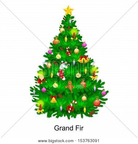 holiday christmas tree isolated decoration for celebrate xmass with ball gold bells candles stars lights candy and gingerbread men.