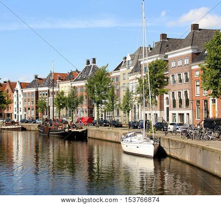 Groningen The Netherlands. August-05-2015. Historic houses and boats on the Hoge der Aa in the city of Groningen. 