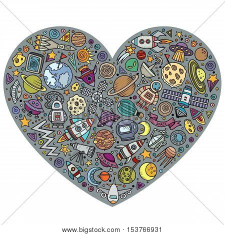 Colorful vector hand drawn set of Spacel cartoon doodle objects, symbols and items. Heart form composition