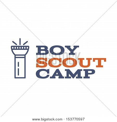 Boy scout camp logo design with typography and travel element - flashlight. Vector text. Hiking trail, backpacking symbols in retro color design. Nice for prints, tee design.