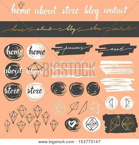 Vector cute hand drawn blog, website elements. Menu buttons. Dividers. Brush strokes. Modern calligraphic elements.
