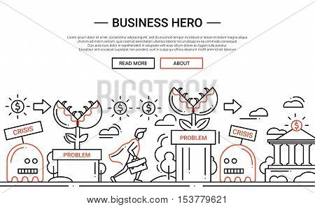 Business Hero - illustration of vector modern simple line design composition and infographics elements with a businessman overcoming obstacles. Header, banner for your site.