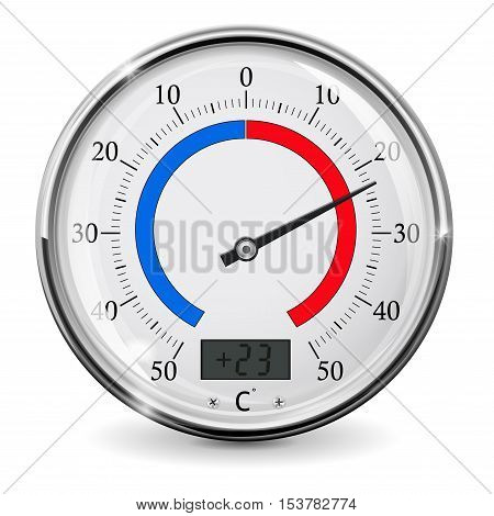 Thermometer. Round outdoor temperature gauge. Warm weather. Vector illustration isolated on white background