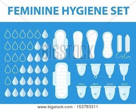 Menstruation feminine hygiene set. Pads pantyliners tampons menstrual cup. Female hygiene products. Women's hygiene. Flat style. Vector illustration.
