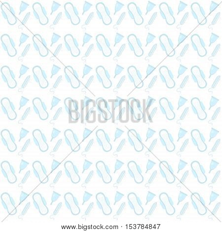 Menstruation feminine hygiene seamless pattern. Pads pantyliners tampons seamless texture. Female hygiene products background. Women's hut wallpaper. Vector illustration.
