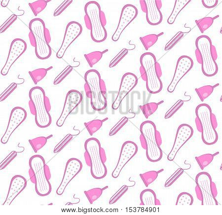Menstruation feminine hygiene seamless pattern. Pads pantyliners tampons seamless texture. Female hygiene products background. Women's hut wallpaper. Vector illustration.