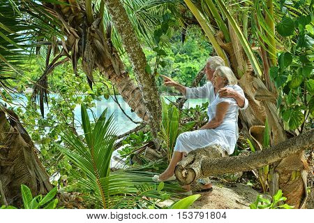Happy elderly couple rest at tropical beac