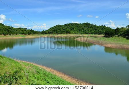 Natural pond against blue sky on sunny day