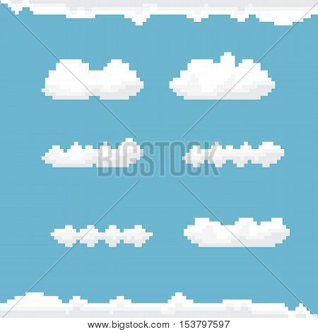 vector sky with clouds pixel art background. vector pixel art clouds collection. isolated clouds set for games and mobile applications.