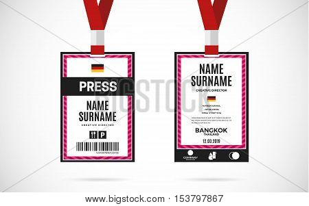 Event Press id card set with lanyard. vector design and text template illustration