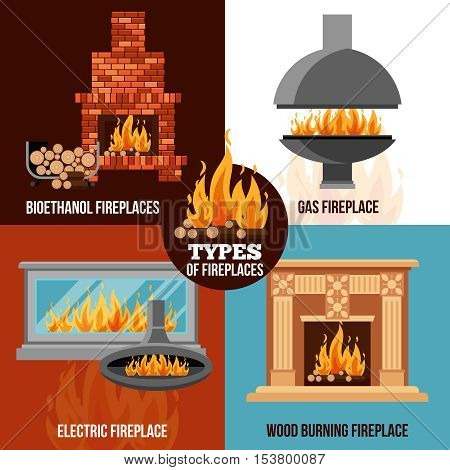 Fireplaces design concept with different types construction and source of burning isolated vector illustration