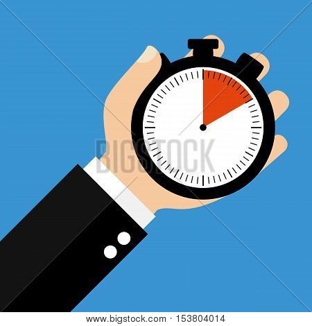 Hand holding Stopwatch showing 10 Seconds 10 Minutes or 2 Hours - Flat Design