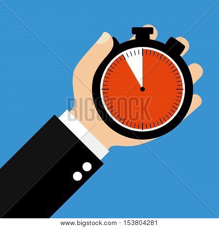 Hand holding Stopwatch showing 55 Seconds 55 Minutes or 11 Hours - Flat Design