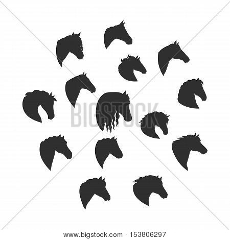 Collection os silhouettes of horse heads. Domestic animals. Vector in flat style design. For pets inforgaphics, app icons, equestrian club logo and web page design.  Isolated on white background