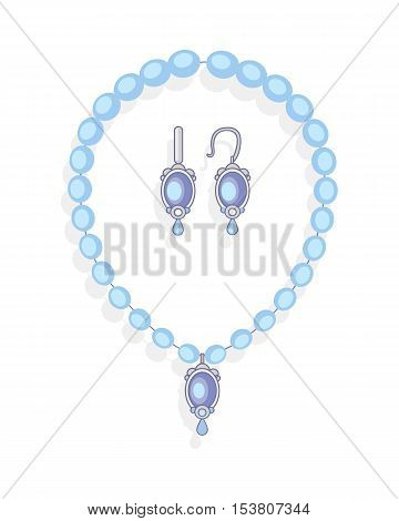 Jewelry set necklace and earrings on white. Beautiful women luxury pearl set. Includes necklace and stud earrings with sterling silver findings. Collection of elegant modern accessories. Vector
