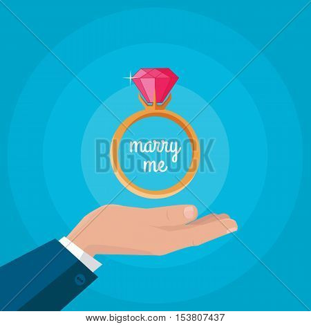 Marry my poster. Human hand holding beautiful wedding ring with red gemstone. Engagement ring with red gem. Ring icon in flat. Precious ring with red gem. Vector illustration.
