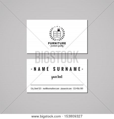 Furniture business card design concept. Logo with commode and wreath. Vintage hipster and retro style.