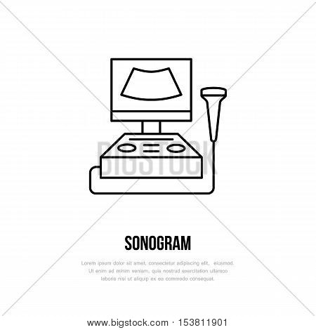 Modern vector line icon of sonogram. Gynecology clinic linear logo. Outline symbol for polyclinics. Obstetrics design element for sites hospitals. Medical business logotype ultrasound sign.