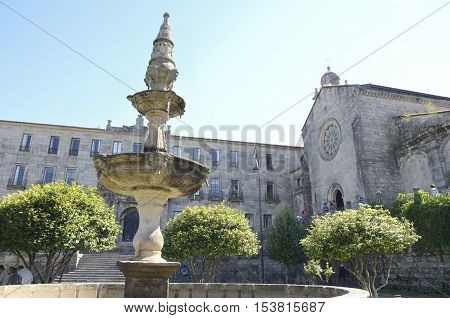 PONTEVEDRA, SPAIN - AUGUST 6, 2016: Fountain in front of the convent of San Francis in Pontevedra Galicia Spain.