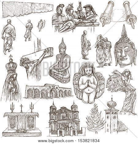 RELIGION around the World. Collection of an full sized hand drawn illustrations. Veneration Worship and Spiritual places. Drawing on white.