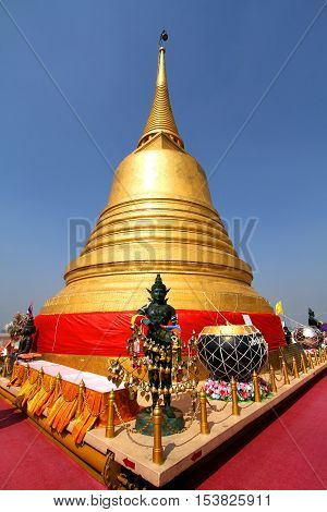 Bangkok Thailand Jan03 2014 :Golden pagoda at the golden mount of Thailand (Wat Saket temple) The padoda contain buddha relic inside.