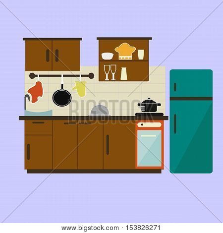 kitchen,Modern kitchen interior and cooking objects,Kitchen with furniture.Vector flat illustration. Raster version