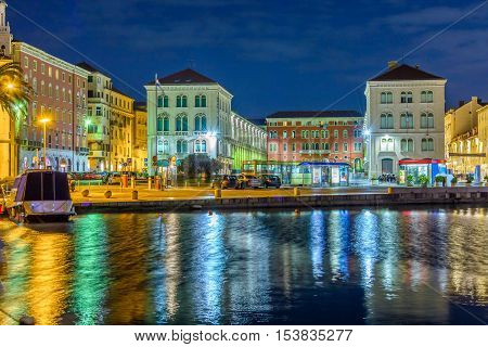 Night waterfront view at coastal town Split, popular touristic destination in Europe, Croatia.