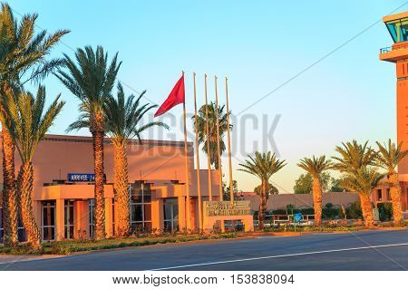 Ouarzazate Morocco - Feb 28 2016: Ouarzazate Airport. Ouarzazate nicknamed The door of the desert is a city and capital of Ouarzazate Province in Draa-Tafilalet region of south-central Morocco.