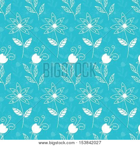 White flowers on turquose background. Floral seamless pattern with fantasy flowers. Abstract doodle flower background. Hand drawn flowers. Fabric digital print. Modern infinity wrapping paper. Vector illustration.