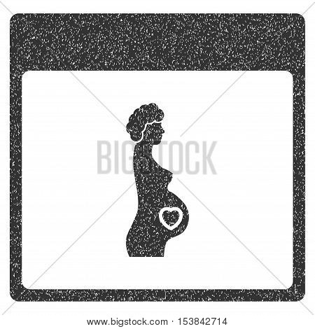Pregnant Woman Calendar Page grainy textured icon for overlay watermark stamps. Flat symbol with scratched texture. Dotted vector gray ink rubber seal stamp with grunge design on a white background.