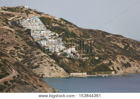 Heraklion Greece - October 11 2016: View of the Theseus Beach Village on the high rocky shore of Crete