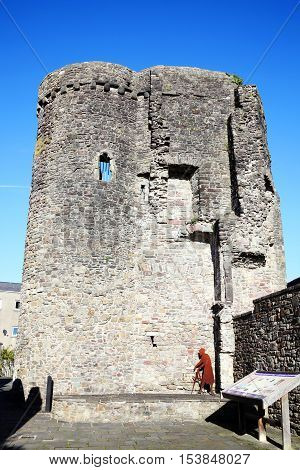 Carmarthen, Wales, UK, October 22, 2016 :  Tower of Carmarthen Castle which is a 12th century ruin and one of the cities most popular visitor attractions