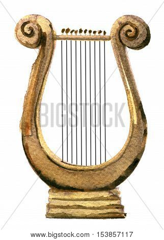 watercolor sketch of harp on white background