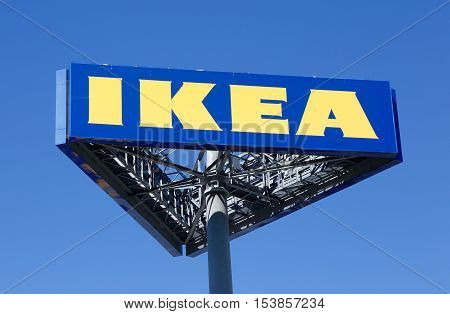Haparanda Sweden - July 20 2016: Close-up of the sign outside the Ikea furniture store in Haparanda.