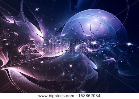 Fractal lines form a ball that resembles a planet surrounded by a luminous cosmic objects.