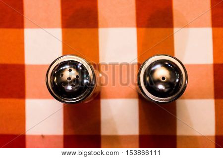 Salt Pepper Shaker Restaurant Industry Red White Plaid Checkerboard Tablecloth Table Typical