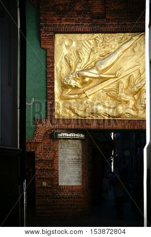 BREMEN, GERMANY - AUGUST 30: The famous Boettcher street in Bremen at the Paula Modersohn-Becker Museum with the gold relief 