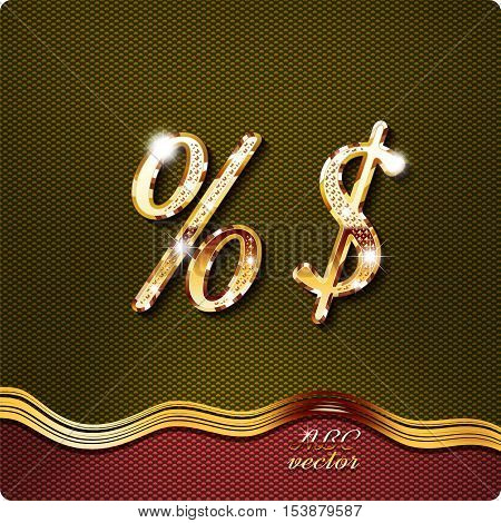 Golden stylish Inlaid The percent sign, the dollar, with shadow and glare. italic type .vector eps10.