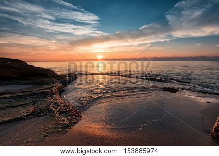 Winter sunrise over the sea at the village of Ravda, Bulgaria