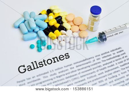 Drugs for gallstones treatment, blurred text, medical concept