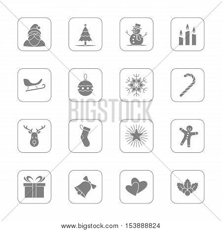 Christmas and new year icon set vector illustration - gray with rounded rectangle frame