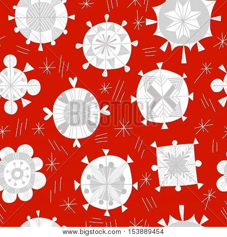 Seamless Winter Pattern For Christmas With Snowflakes On A Red Background.illustration Of Christmas