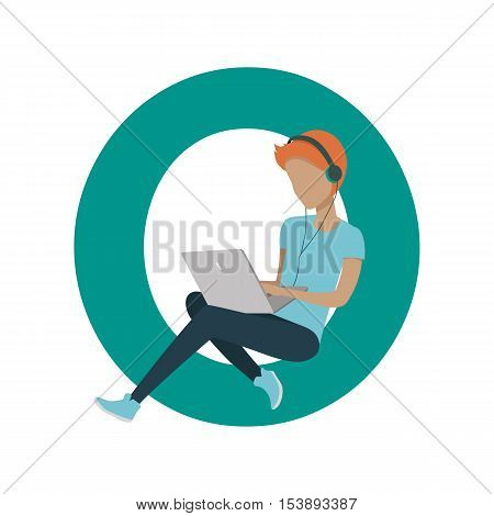 Alphabet mobile people illustration. Flat design. ABC vector with human using computer and mobile device. Man seating on letter O and working on laptop. Social network communication concept
