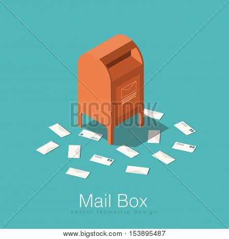Mail box isometric vector illustration. Red mail box with envelopes laying around. Concept design for your poster card or any web material.