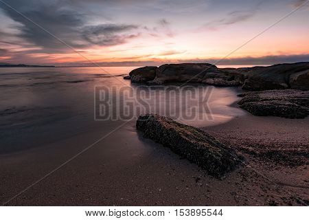 Winter sunrise over the sea at the village of Ravda, Bulgaria