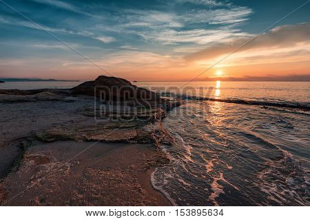 Winter sunrise over the sea at the village of Ravda, Bulgaria
