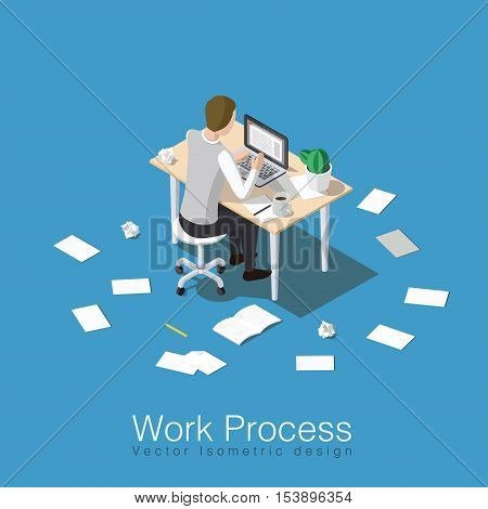 Work process concept isometric vector illustration. Office worker doing his job or student studying some subject. Sitting over the table with lots of papers all around.
