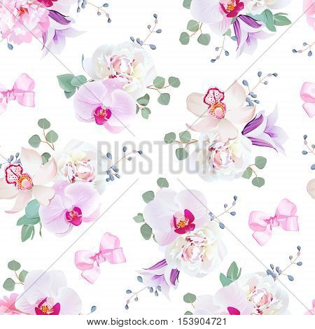 Elegant seamless vector print in purple pink and white tones with bows. Peony violet campanula orchid eucaliptus. Simple backdrop with satin pink bows and blue berries.