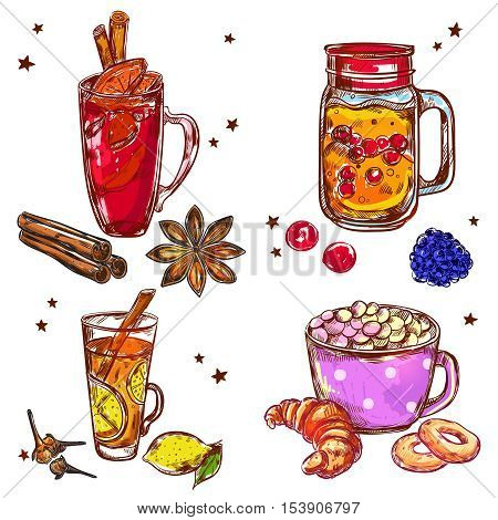Colored isolated warm drinks icon set with drinks in mugs on white background vector illustration